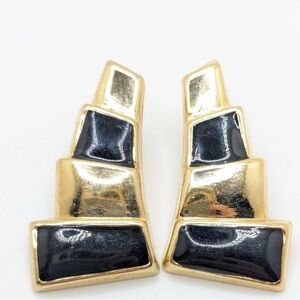 Gold and Black Geometric Stud Earrings Vintage Deco Chunky Modernistic